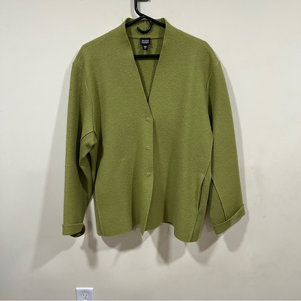 Eileen Fisher Green Boiled Wool Blazer XL Minimalist cardigan jacket oversized